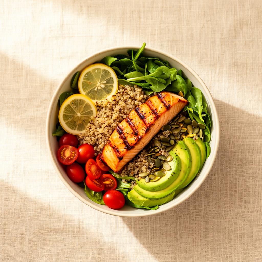 Healthy bowl with salmon, quinoa and vegetables